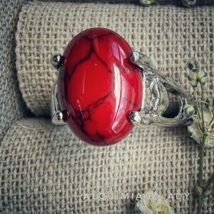 Earthy Silver and red turquoise Victorian western vintage gem ring